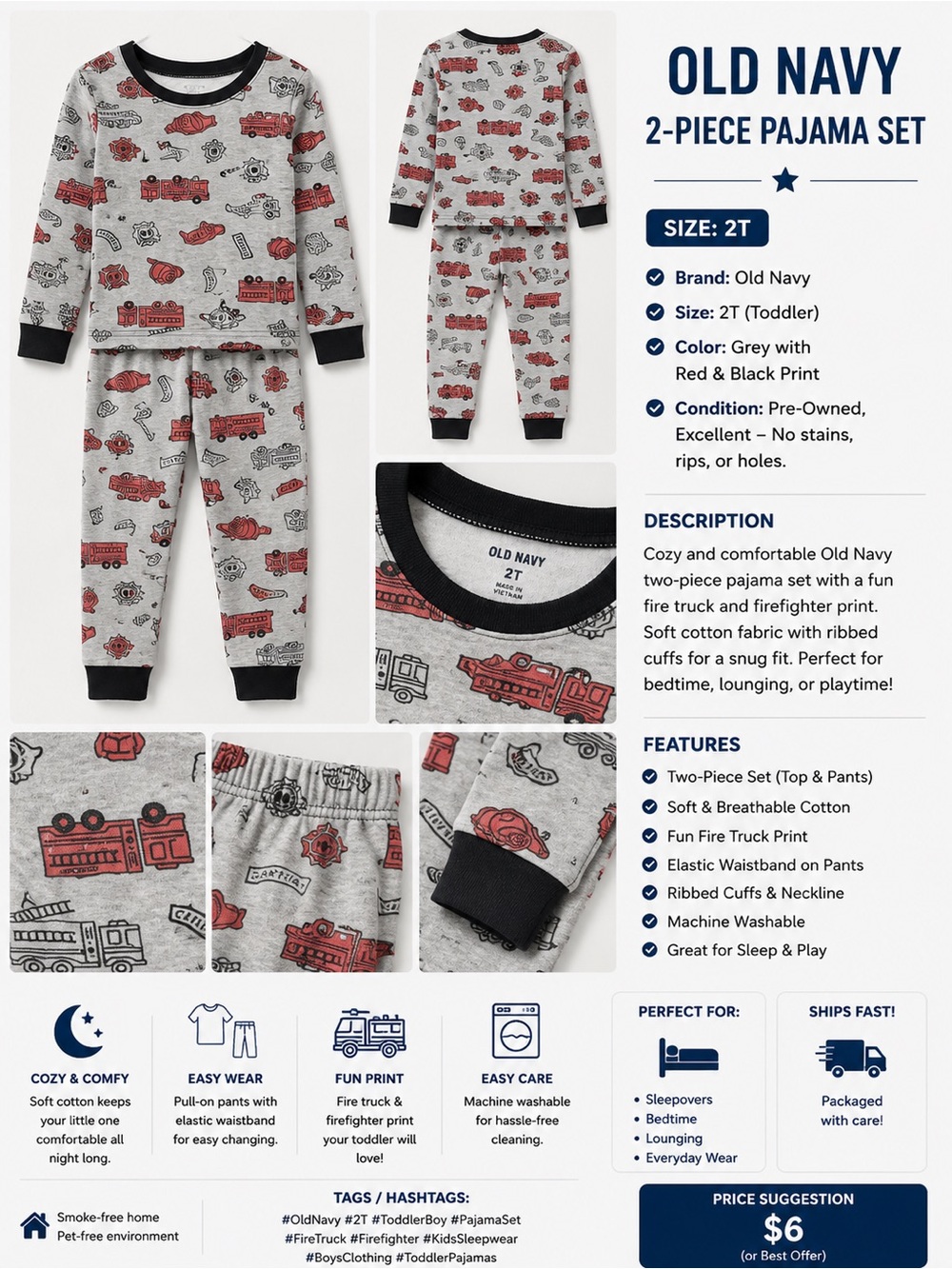 Old Navy Grey Pajama Set with Red & Black Fire Truck Print
